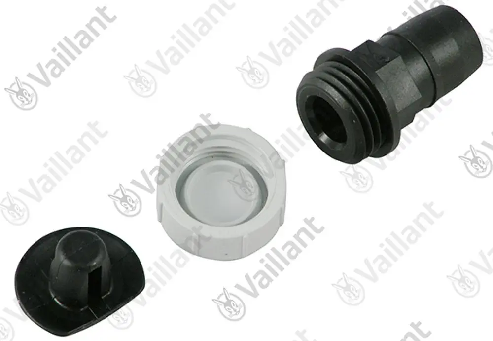 Vaillant Zubehörteil bestehend aus einem schwarzen Anschlussstück und zwei Verschlüssen, einem weißen und einem schwarzen, die zur Abdichtung oder Verbindung verwendet werden.